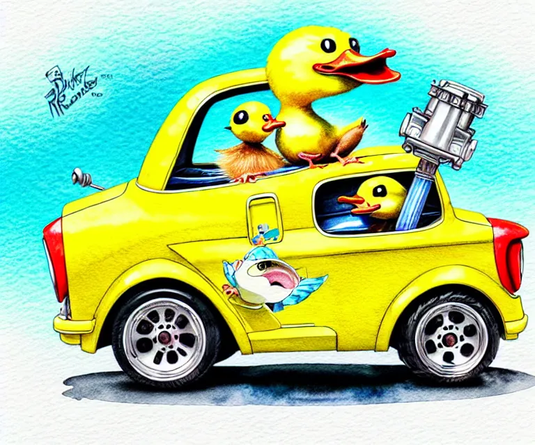 Prompt: cute and funny, duckling driving a tiny hot rod with an oversized engine, ratfink style by ed roth, centered award winning watercolor pen illustration, isometric illustration by chihiro iwasaki, edited by craola, tiny details by artgerm and watercolor girl, symmetrically isometrically centered