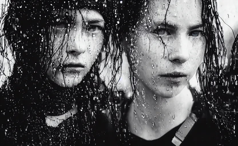 Image similar to cinestill 5 0 d candid photographic portrait by christopher nolan of two loving female androids wearing rugged black mesh techwear in treacherous waters, extreme closeup, modern cyberpunk retrofuturism moody emotional cinematic, pouring iridescent rain, 8 k, hd, high resolution, 3 5 mm, f / 3 2, ultra realistic faces, ex machina