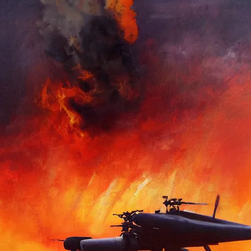 Image similar to a beautiful painting by james gurney, 8k resolution, still images trending on artstation a face of an old military helicopter shown drifting offshore in flames. Style of Blade Runner 2049