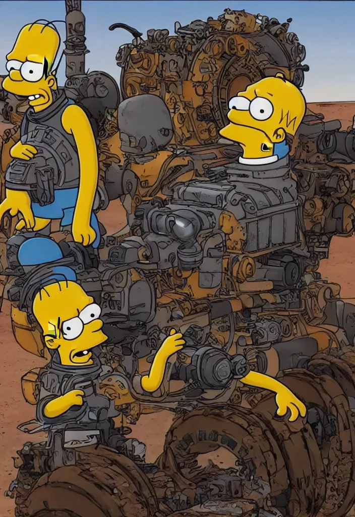 Prompt: Homer Simpson in Fury Road Road Warrior movie, borderlands 4k render