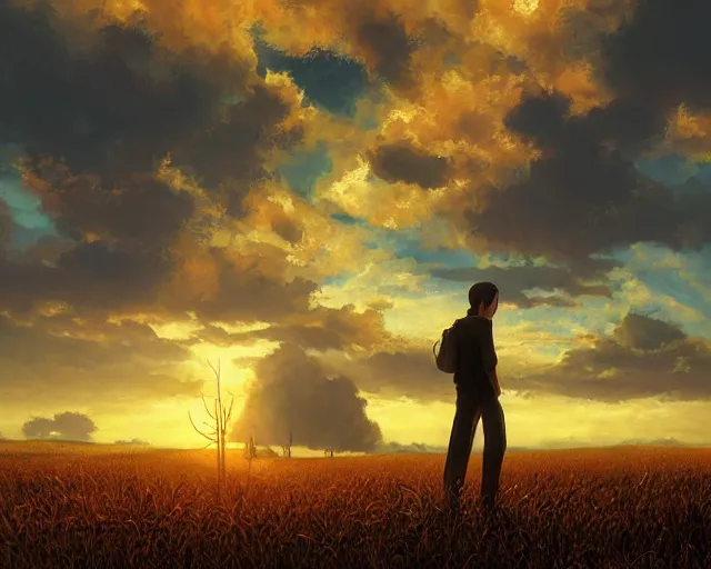 Image similar to a painting of a man standing in a field at sunset, a detailed matte painting by makoto shinkai, cgsociety, neo - primitivism, anamorphic lens flare, matte painting, global illumination