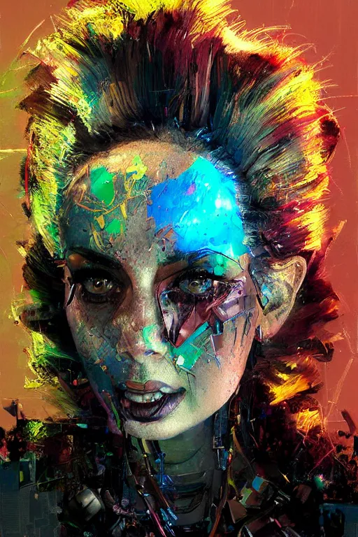 Prompt: portrait, headshot, digital painting, an delightfully mad, wholesome techno - shaman lady, metallic makeup, synthwave, glitch, fracture, realistic, hyperdetailed, chiaroscuro, concept art, painterly, art by john berkey