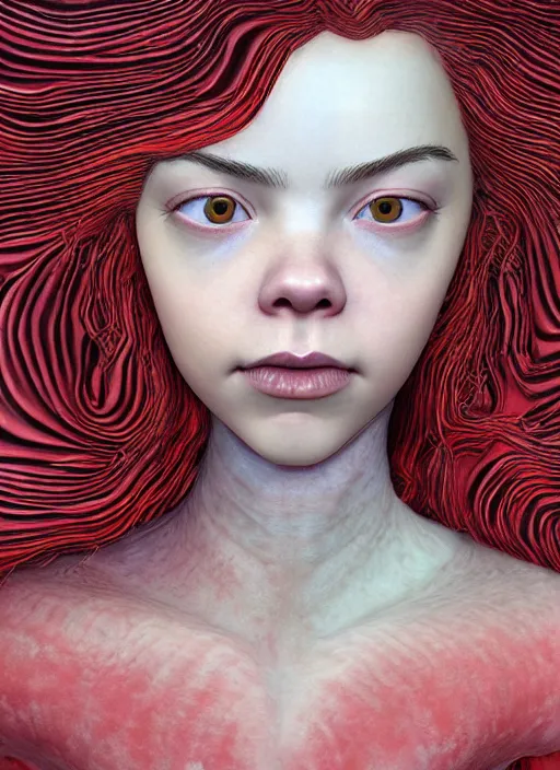 Prompt: hyper detailed 3d render like a Oil painting - very coherent Concrete displacement mapped profile subsurface scattering (a beautiful fae princess protective playful expressive from dark crystal that looks like Anya Taylor-Joy) seen red carpet photoshoot in UVIVF posing in caustic pattern pool to Eat of the Strangling network of yellowcake aerochrome and milky Fruit and His delicate Hands hold of gossamer polyp blossoms bring iridescent fungal flowers whose spores black the foolish stars by Jacek Yerka, Ilya Kuvshinov, Mariusz Lewandowski, Houdini algorithmic generative render, golen ratio, Abstract brush strokes, Masterpiece, Victor Nizovtsev and James Gilleard, Zdzislaw Beksinski, Tom Whalen, Mark Ryden, Wolfgang Lettl, hints of Yayoi Kasuma and Dr. Seuss, Grant Wood, octane render, 8k