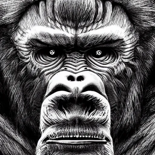 Prompt: King Kong, illustrated by Hokkusai, intricate, ultra detailed, trending on artstation, 4k, 8k