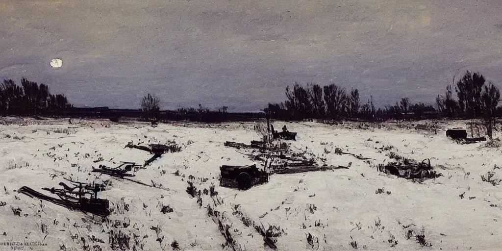 Image similar to a calm WW2 battlefield at night, Eastern Front, stars, wintertime, trenches, a single lone wrecked tank, painting by Isaac Levitan