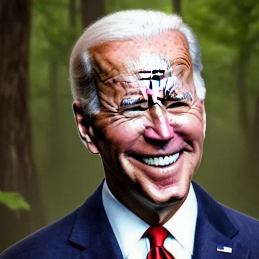 Image similar to joe biden seein in the foggy woods with a devilish grin in his face in the new horror movie, creepy