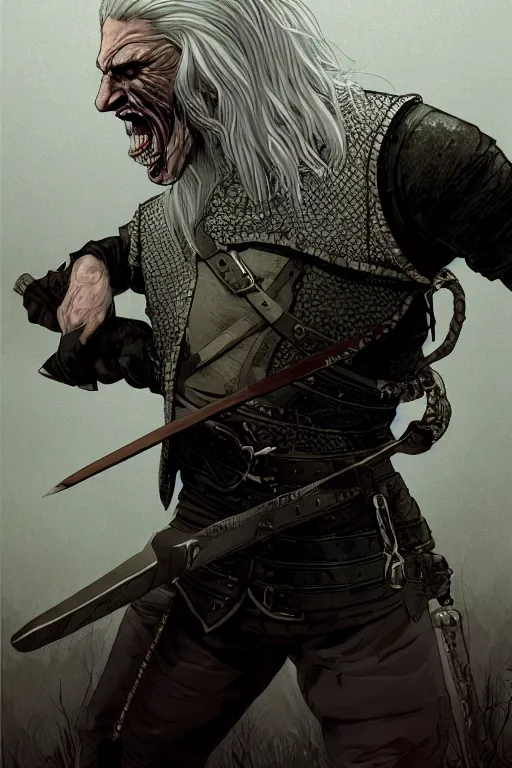 Image similar to geralt of rivia in sleepy hollow, full body, big two toned eyes, teeth gritted, horror, intricate details, cinematic, epic, realistic, anatomy, tomer hanuka, uplight, artstation, photorealistic, scary