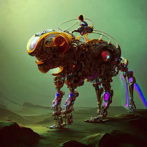 Image similar to opalescent android cyborg animal in candyland, warm tones : by michal karcz, daniel merriam, victo ngai and guillermo del toro : ornate, dynamic, particulate, intricate, elegant, highly detailed, centered, artstation, smooth, sharp focus, octane render