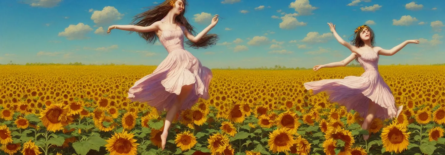 Image similar to beautiful young girl dancing in a fiery dress in a beautiful field of sunflowers and lilies, high detail, very realistic, by greg rutkowski, by james gurney ultra clear detailed, digital painting by ( ( makoto shinkai ) ), moebius moebius, surrealism, trending on artstation