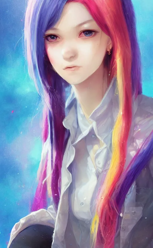 Image similar to a kawaii woman with rainbow hair, soft eyes and narrow chin, dainty figure, long hair straight down, kawaii shirt and jeans, basic white background, In style of by Jordan Grimmer and greg rutkowski, crisp lines and color