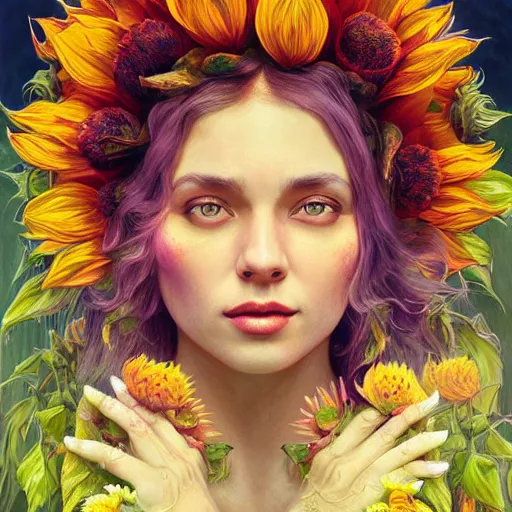 Image similar to !dream Sunflower queen, colorful, surreal, dramatic lighting, face, detailed, intricate, elegant, highly detailed, digital painting, artstation, concept art, smooth, sharp focus, illustration, art by Sam Spratt, Dan Mumford, Artem Demura and Alphonse Mucha