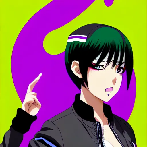 Prompt: anime poster film still portrait, young black woman, black black black woman, purple colored eyes, purple colored eyes, white french bob hairstyle, green colored bomber jacket, detailed facial features, dynamic pose,, rimlight, cel shaded, 4 k