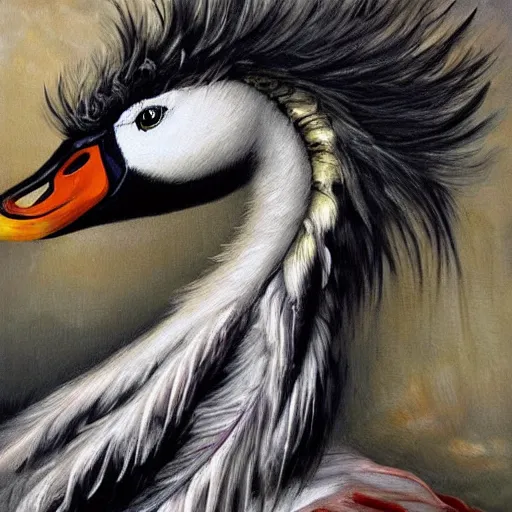 Image similar to hyperrealistic evil swan demon with long curly feathers, gritty horror oil painting, ultra detailed and disturbing