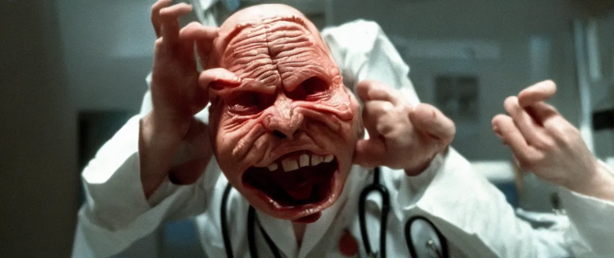 Image similar to filmic dutch angle movie still 4 k uhd 3 5 mm film color photograph of a screaming horrified doctor looking down at his hand is bitten by a re - animated specimen