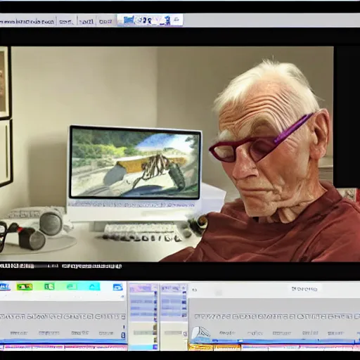 Image similar to A colored colorized real screenshot of Jerma985 as an elderly guy streaming on his computer, taken in the early 2020s, taken on a 2010s Camera, realistic, hyperrealistic, very realistic, very very realistic, highly detailed, very detailed, extremely detailed, detailed, digital art, trending on artstation, headshot and bodyshot, detailed face, very detailed face, very detailed face, real, real world, in real life, realism, HD Quality, 8k resolution, intricate details, colorized photograph, colorized photon, body and headshot, body and head in view