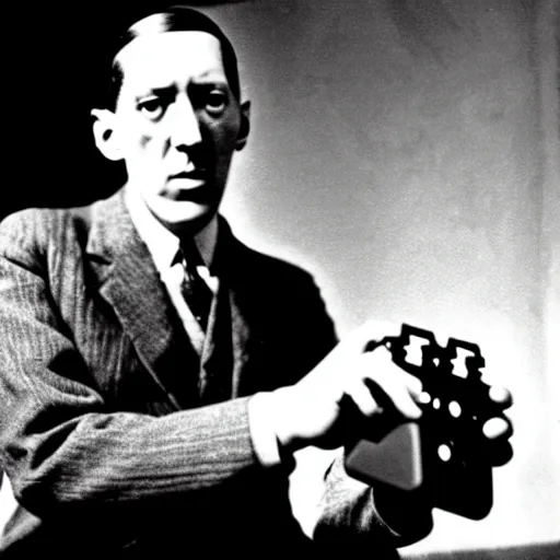 Prompt: h. p. lovecraft playing a video game, vintage photograph, xbox controller, angry