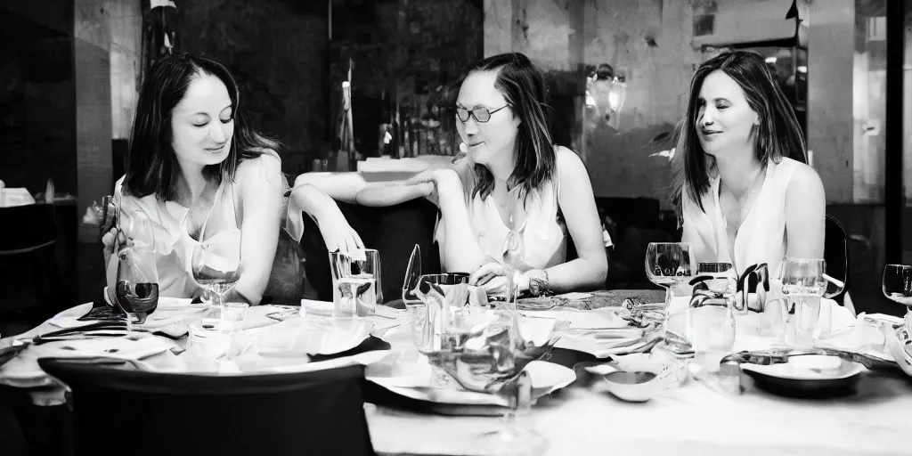 Prompt: b & w photo of two beautiful woman having dinner,