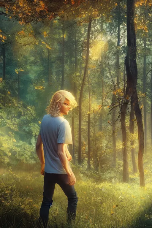 Prompt: pretty young man with long golden blond hair, demure, slender, trees, detailed forest background, webtoon, breathtaking scenery, colourful, 8 k, graphic novel, digital art trending on artstation, volumetric lighting, octane render, cinematic, hyper detailed, magical atmosphere