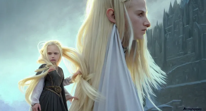 Prompt: tiny mage running away from a giant teeth, blonde hair braided wearing ivory gothic robe, ice town, movie action still frame, ultra wide horizon, intricate, elegant, highly detailed, hyperrealism, digital painting, concept art, smooth, sharp, focus, illustration, art by artgerm, greg rutkowski, ilya kuvshinov, alphonse mucha