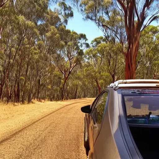 Prompt: driving a car in the australian bush outback psychedelic