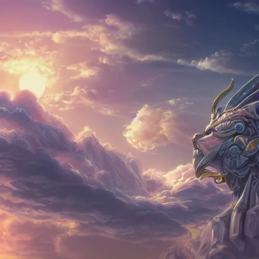 Prompt: the ancient world, hyper complexity, highly detailed, cinematic lighting, pastel colored sunrise, flying robotic cats with gold metal huge wings on its back in the cloudy sky, sharp outlines, complete whole cat body, another sleeping cat face in the clouds watching each other, hyperrealistic, trending on pixiv fanbox, love death robot,