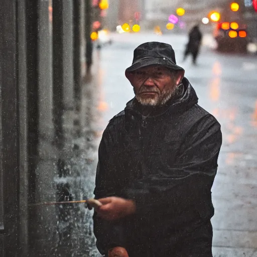 Image similar to closeup portrait of a man fishing in a rainy new york street, photography, detailed face, natural light, ƒ1.8, 35mm