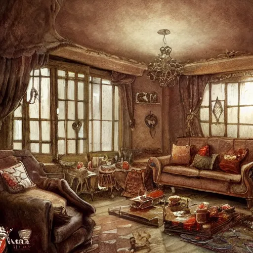 Prompt: inside a gingerbread house living room decorated in a grand fashion, a detailed matte painting by anton pieck, deviantart contest winner, fantasy art, concept art, official art, matte drawing