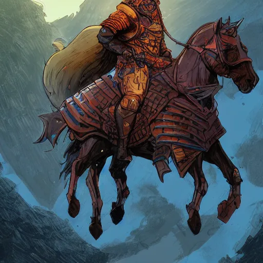 Image similar to cell shaded cartoon, a portrait of a warrior on a horse wearing ridiculously large black armor, illustration, wide shot, subtle colors, concept art by josan gonzales and wlop, laurie greasley, jordan grimmer and james jean, highly detailed, sharp focus, trending on artstation, hq, deviantart, art by artgem