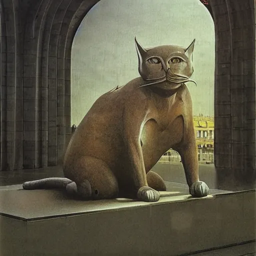 Prompt: a giant human-cat hybrid sitting in a mall, by Zdzisław Beksiński