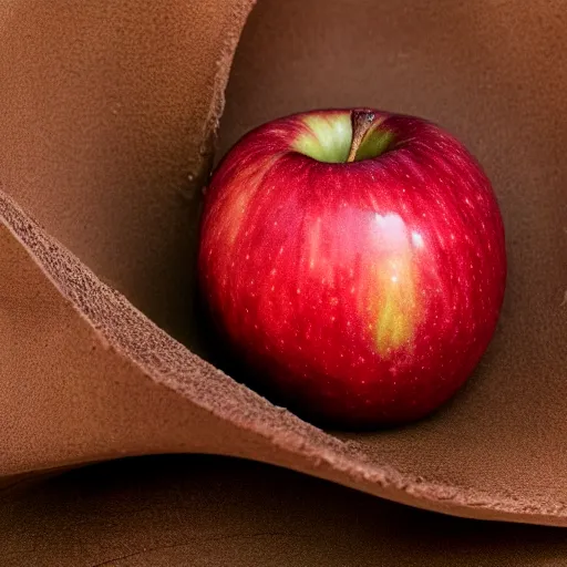 Image similar to an apple with the texture and color of leather, sliced in thirds, close up award winning digital photography