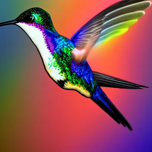 Prompt: frantic cute hummingbird rainbow phoenix zipping around, wanting to explore and investigate everything. it\'s curiosity is unbounded and unsatiable, digital art, trending on artstation, stylized, matte painting, rainbow feathers, by tom cross