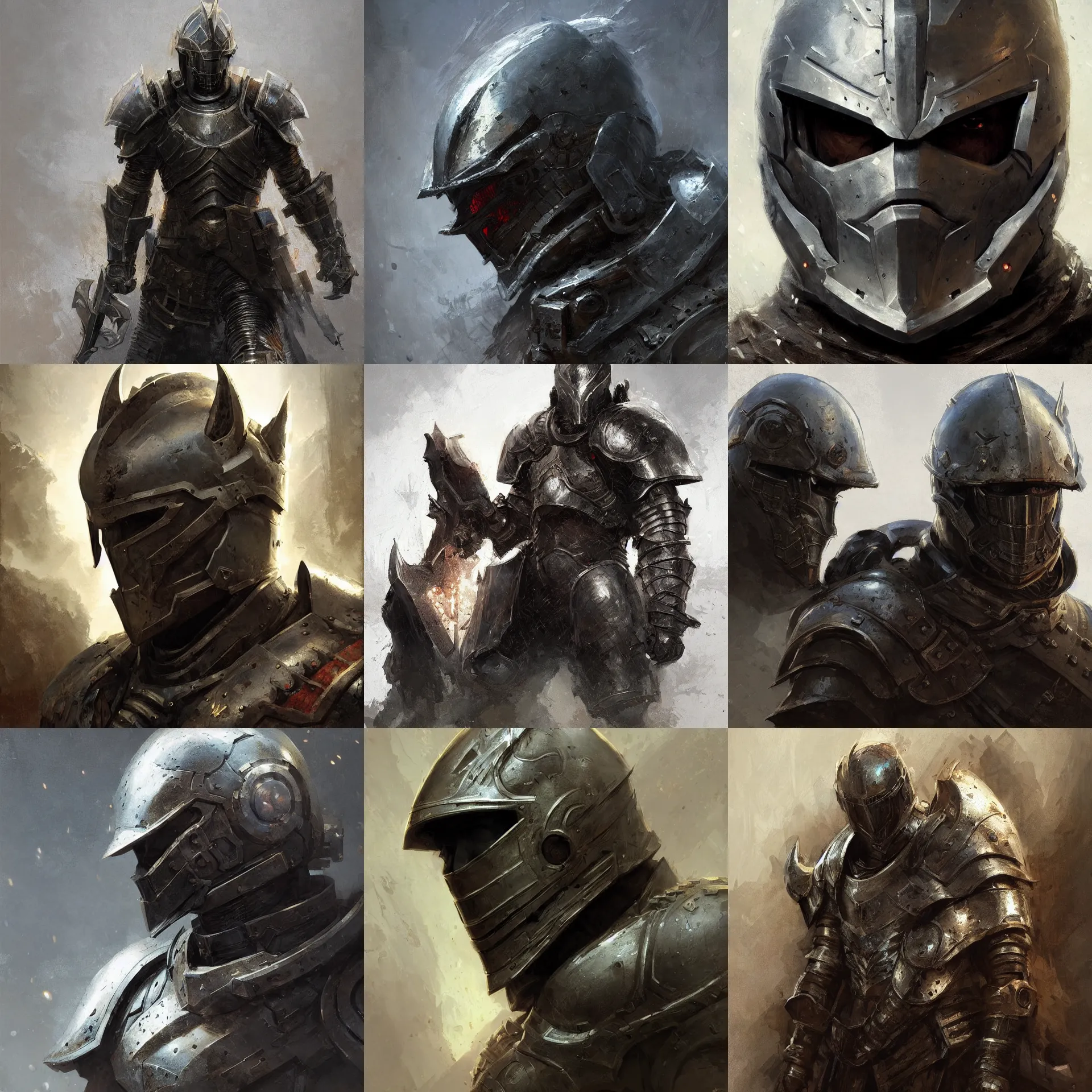 Prompt: digital art painting dark armored man, wolf helmet, dark souls style dnd portrait painted by craig mullins and gaston bussiere and greg rutkowski, symmetrical face, defined facial features, symmetrical facial features, dramatic lighting