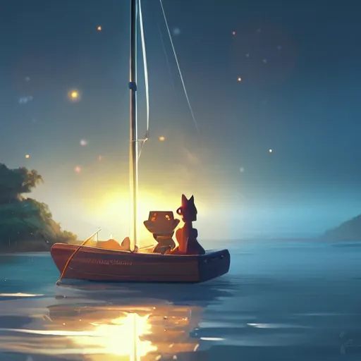 Prompt: a wholesome animation creative key shot of a cat sailing a boat in the night, full shot, studio ghibli, pixar and disney animation, sharp, rendered in unreal engine 5, anime key art by greg rutkowski, bloom, dramatic lighting