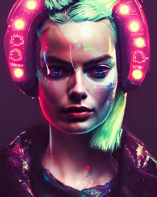 Image similar to neon operator margot robbie, cyberpunk futuristic neon, reflective puffy coat, decorated with traditional japanese ornaments by ismail inceoglu dragan bibin hans thoma greg rutkowski alexandros pyromallis nekro rene maritte illustrated, perfect face, fine details, realistic shaded, fine - face, pretty face