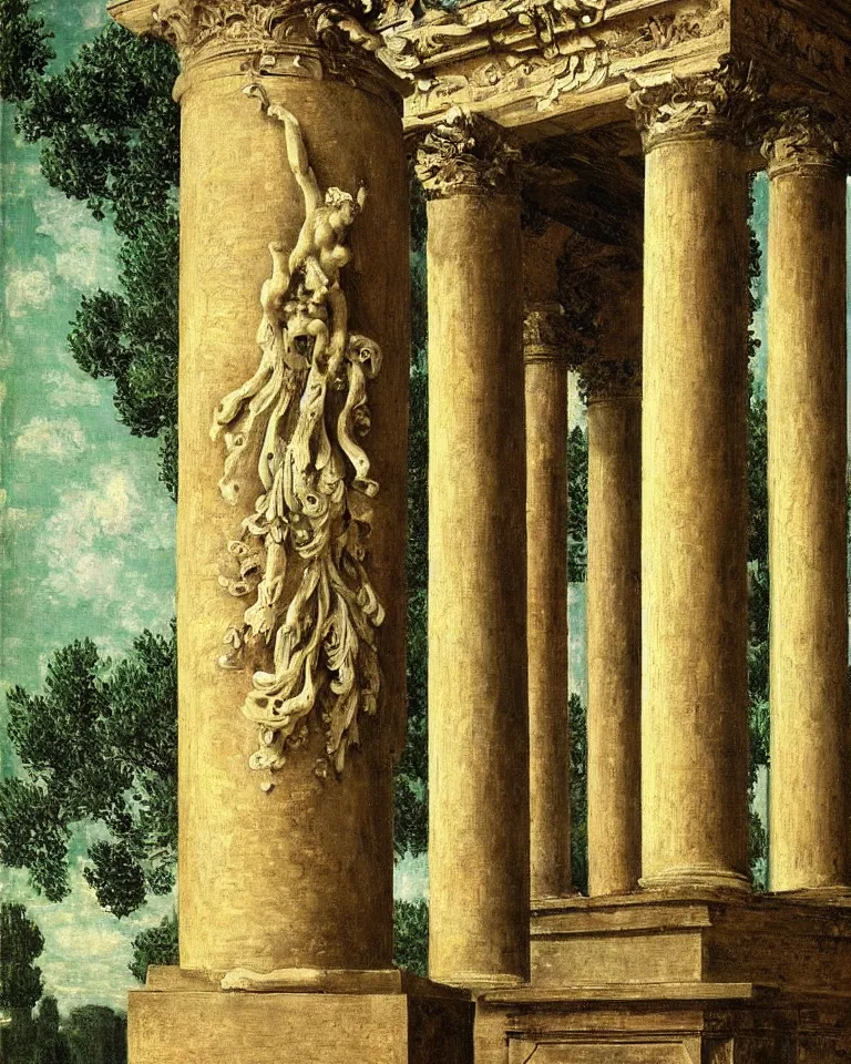 Image similar to achingly beautiful painting of intricate ancient roman corinthian capital on olive drab background by rene magritte, monet, and turner. giovanni battista piranesi.