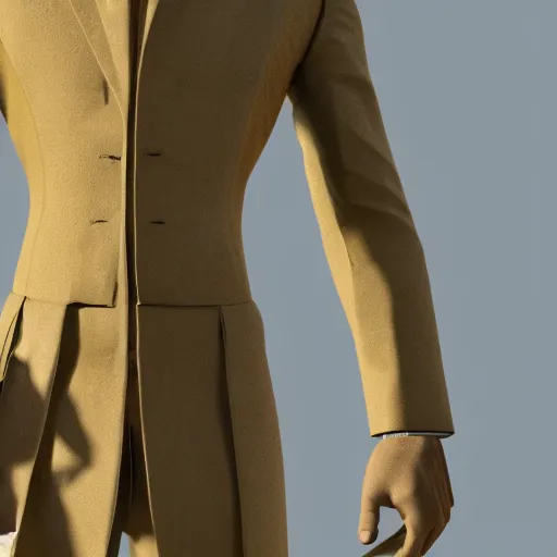 Image similar to british lord wearing expensive israeli beige suit designed by michaelo angelo, frame focused on face and upper body, created with metahuman in unreal engine