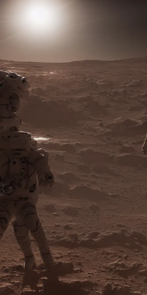 Image similar to concept art, an american astronaut in the distance + a new lightweight spacesuit landing on mars, musk's mars migration program, cyberpunk, backlight, epic, high detail, 8 k, octane rendering, unreal engine.