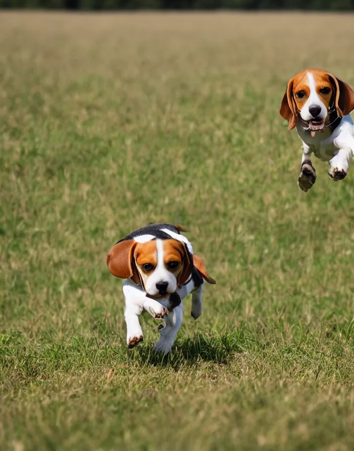 Image similar to a beagle running in a field, 8k, depth of field.