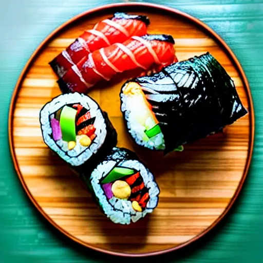 Prompt: The ultimate sushi-burger with extra unagi on a hand carved cherrywood plate. Perfect photography.