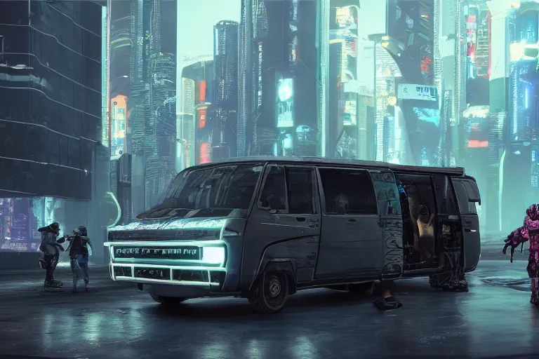 Prompt: cyberpunk version of ( a team van )