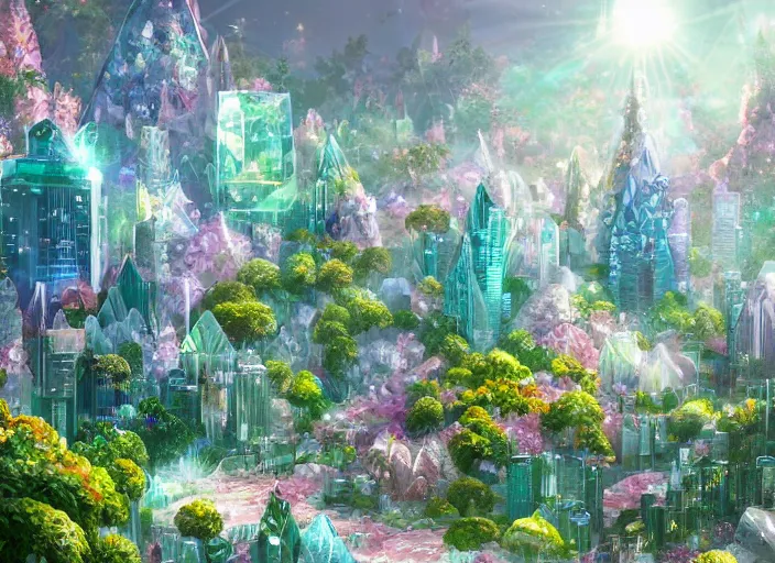 Image similar to shimmering crystal city made of diamond and rose quartz with gold decoration, sparkling in the sunlight, surrounded by lush flowers and green leaves. trending on artstation.