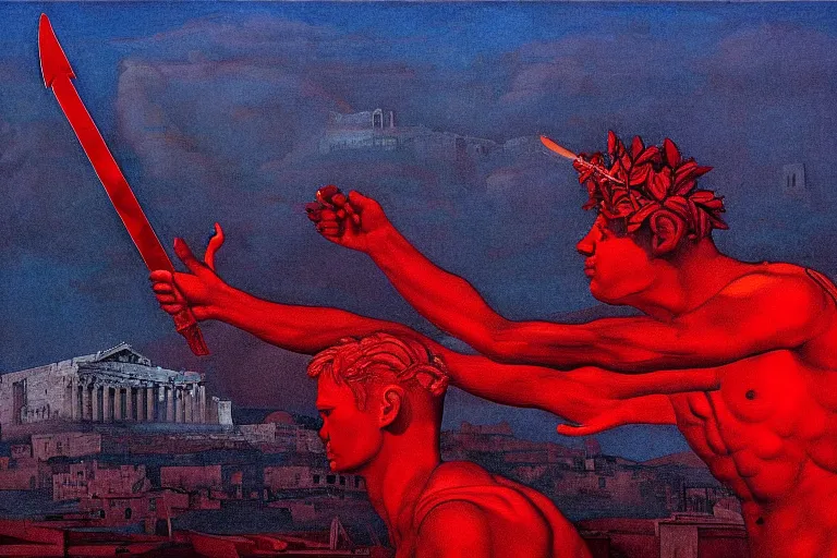 Image similar to only with red, a red melted apollo with a laurel wreath and a flaming sword announce win, athens in background, in the style of beksinski, parts by edward hopper, parts by rodcenko, parts by yue minjun, intricate and epic composition, red by caravaggio, insanely quality, highly detailed, masterpiece, red light, artstation, 4 k