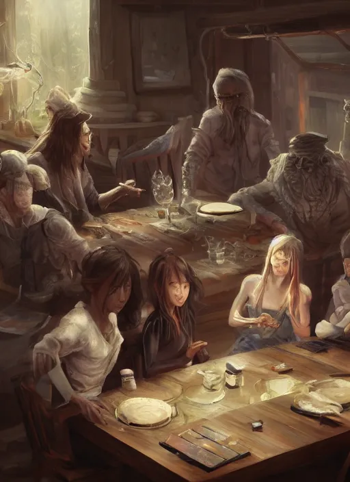 Prompt: painting of a group of people sitting at a table, a detailed painting by xie huan, cgsociety, fantasy art, creepypasta, dystopian art, 2 d game art