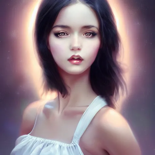 Image similar to a gorgeous female photo, professionally retouched, soft lighting, wearing sundress, illuminated by moonlight realistic, smooth face, raven black hair, perfect eyes, wide angle, sharp focus on eyes, 8 k high definition, insanely detailed, intricate, elegant, art by artgerm and wlop