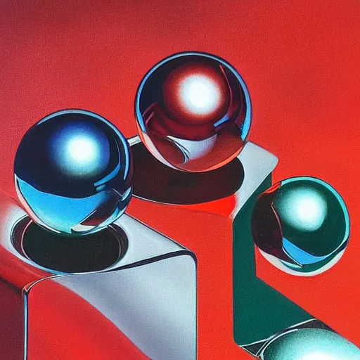 Prompt: chrome spheres on a red cube by greg hildebrandt