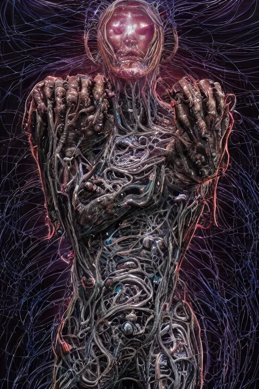 Prompt: poltergeist fused with a cosmic fleshy cyborg, the thing, few cable wires hanging on the body, ghostly, gnarly, portrait, intricate details, by vincent di fate, artgerm, julie bell, beeple and Greg Rutkowski, 80s, concept, Smooth gradients, octane render, 8k, High contrast, duo tone, depth of field, very coherent symmetrical artwork