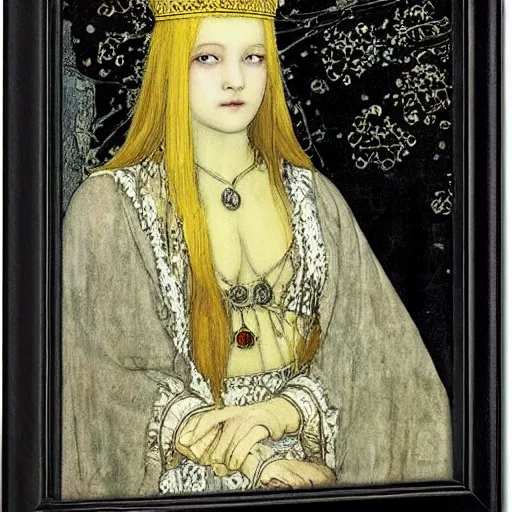 Image similar to beautiful young medieval queen by john bauer