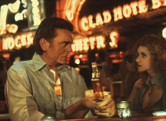 Image similar to a close - up, color cinema film still of a johnny cash talking to a beautiful hooters waitress drinking whiskey at hooters, ambient lighting at night.