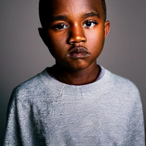 Image similar to the face of young kanye west wearing yeezy clothing at 1 2. 5 years old, portrait by julia cameron, chiaroscuro lighting, shallow depth of field, 8 0 mm, f 1. 8