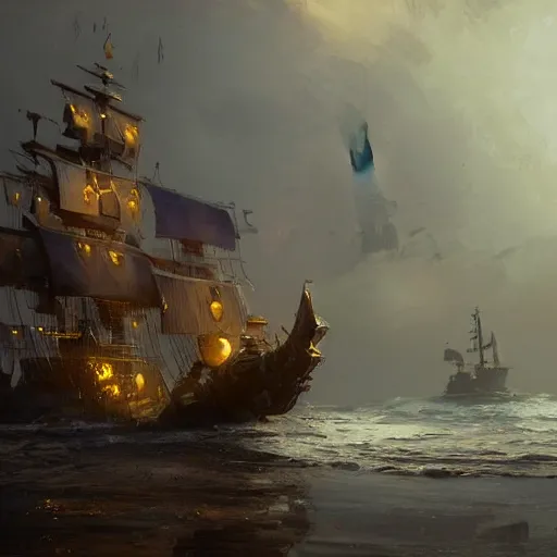 Prompt: detailed gold pirate ship by greg rutkowski, enigmatic atmosphere, beautiful and cinematic lighting, artstation hq.